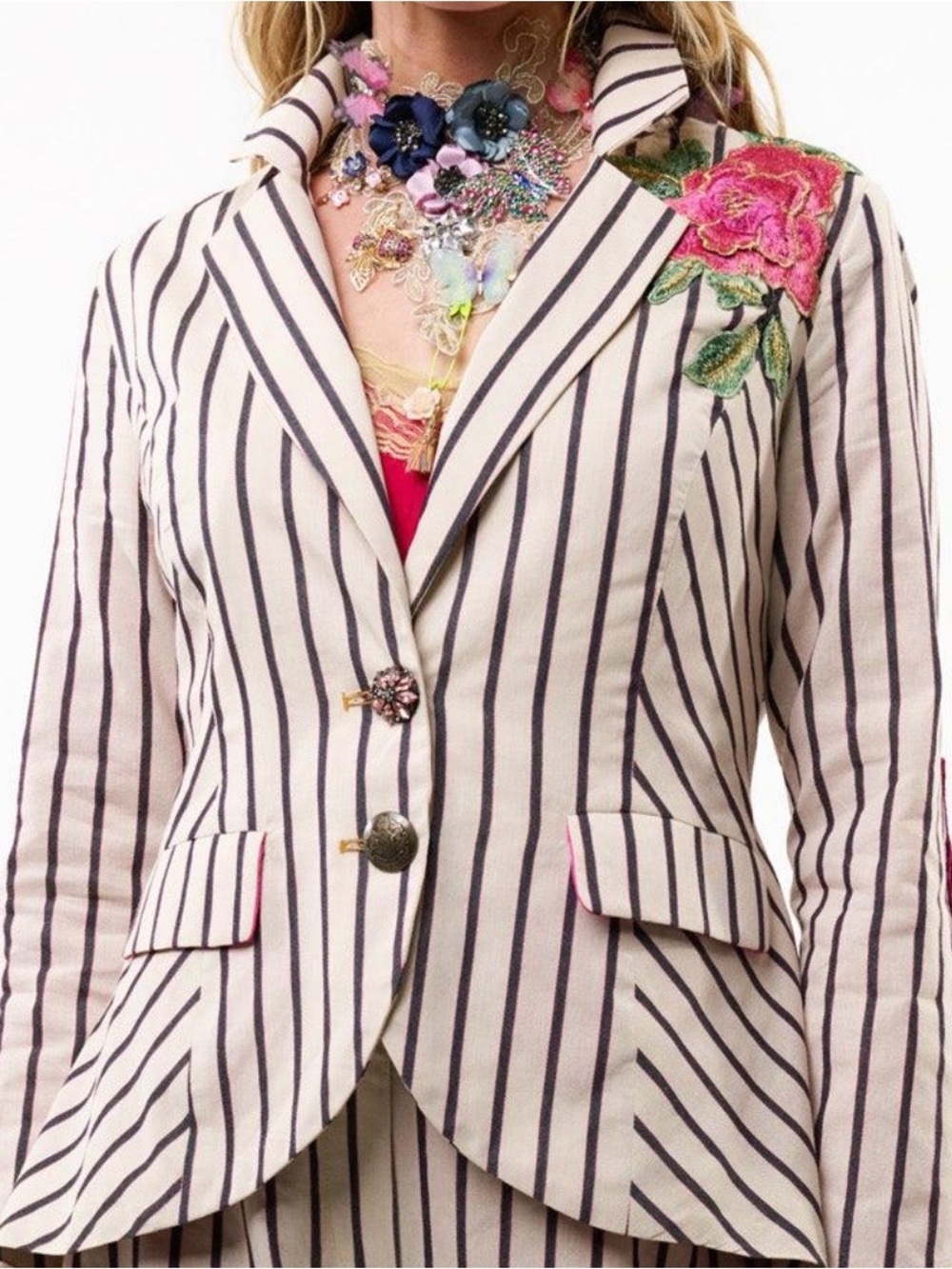 Beautiful Aratta Silent Journey Pink Floral Appliqué Striped Blazer